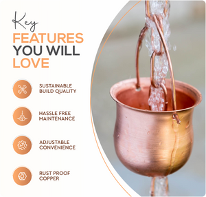 Marrgon Copper Rain Chain with Pot Style Cups for Gutter Downspout Replacement