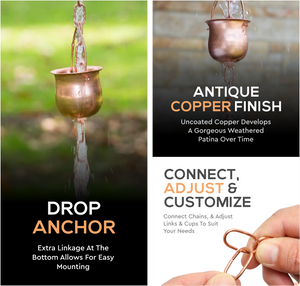 Marrgon Copper Rain Chain with Pot Style Cups for Gutter Downspout Replacement