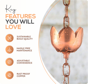 Marrgon Copper Rain Chain with Tulip Style Cups for Gutter Downspout Replacement