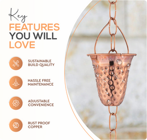 Marrgon Copper Rain Chain with Hammered Bell Style Cups for Gutter Downspout Replacement