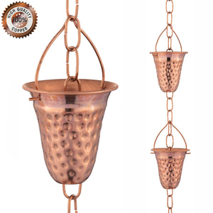 Marrgon Copper Rain Chain with Hammered Bell Style Cups for Gutter Downspout Replacement